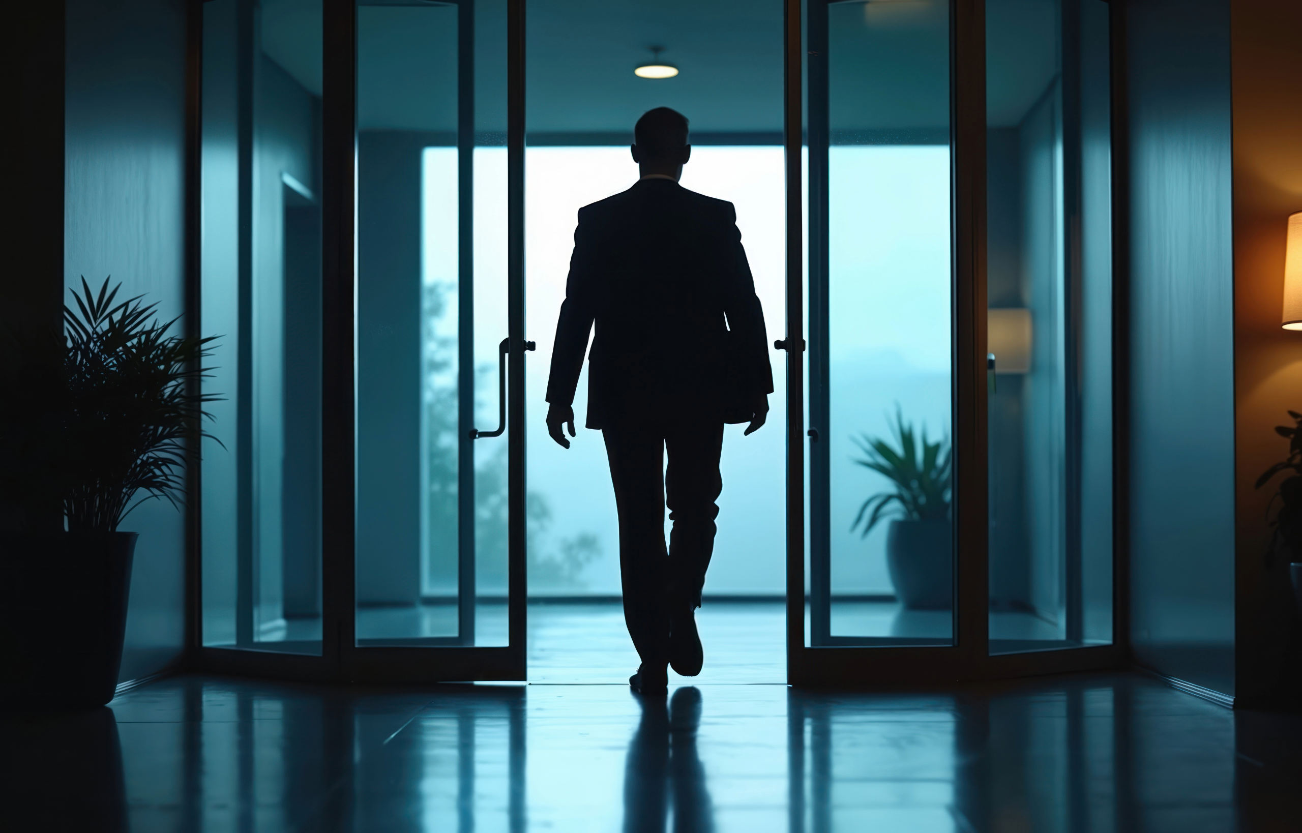 High employee turnover illustrated by a silhouetted employee walking out of a corporate office building, symbolizing resignation and workplace disengagement.