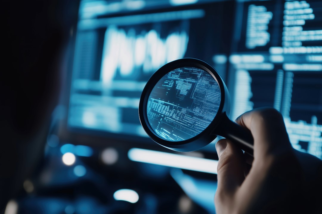 IT Health check with magnifying glass over digital background showing technology systems, cybersecurity, and network performance review