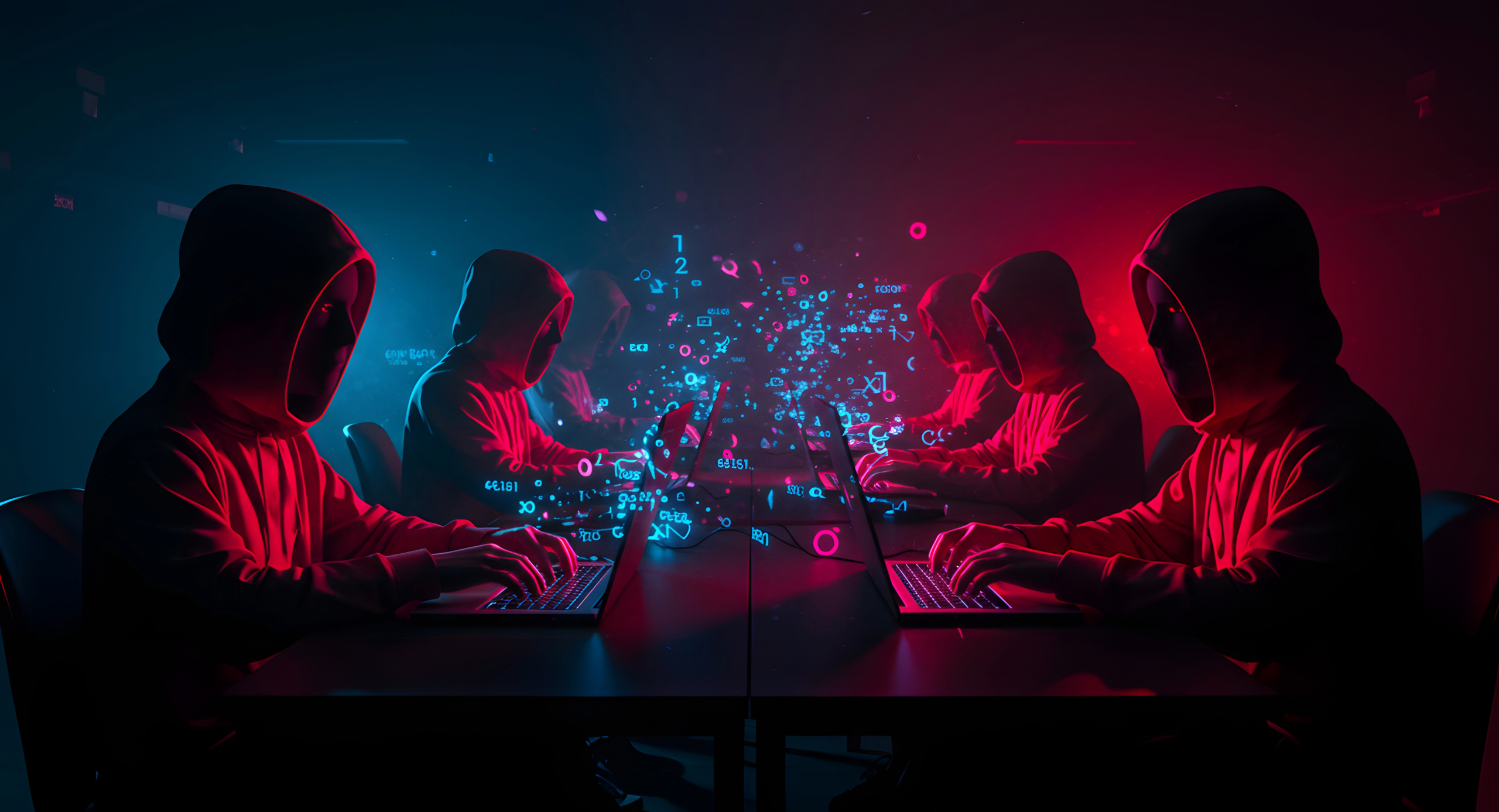 Cyber threat actors working on laptops in a dark room with digital code floating around, illustrating modern cyber risks.