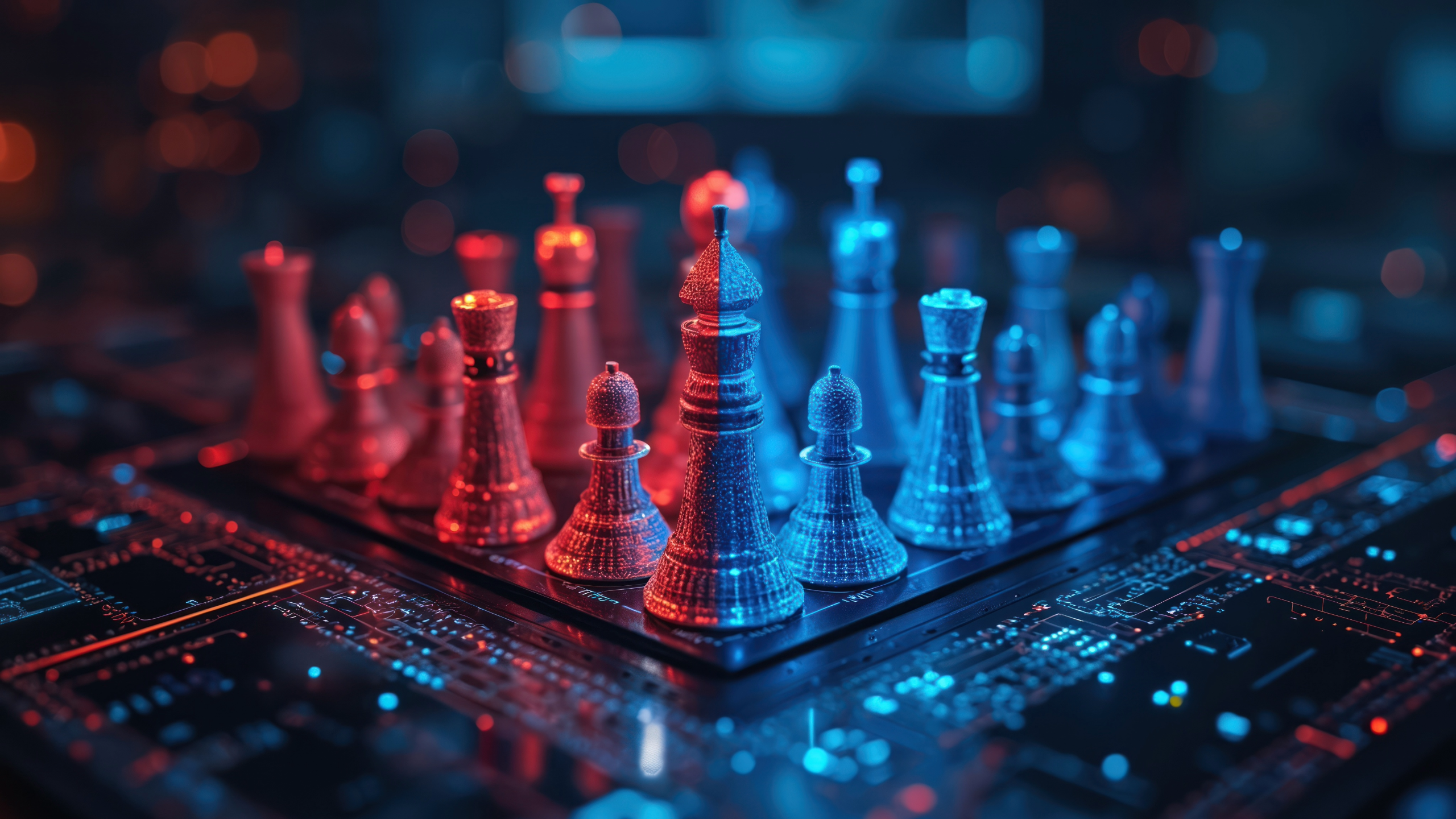 Chess pieces on a circuit board representing a decision-making engine, symbolizing strategic IT guiding business decisions.